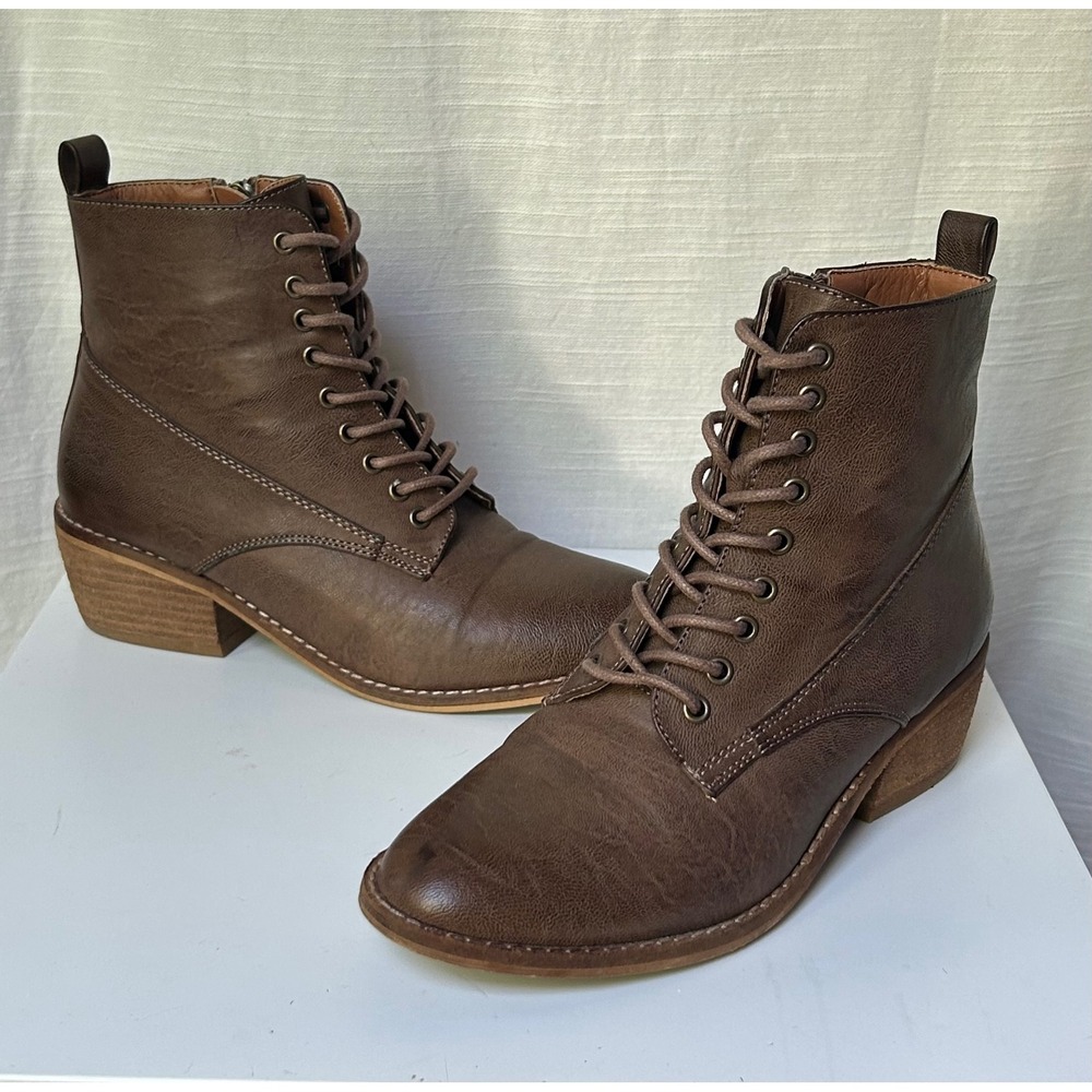 Beast Fashion Brown Lace Up Ankle Boots Side Zip Stacked Block Heel Womens 5.5